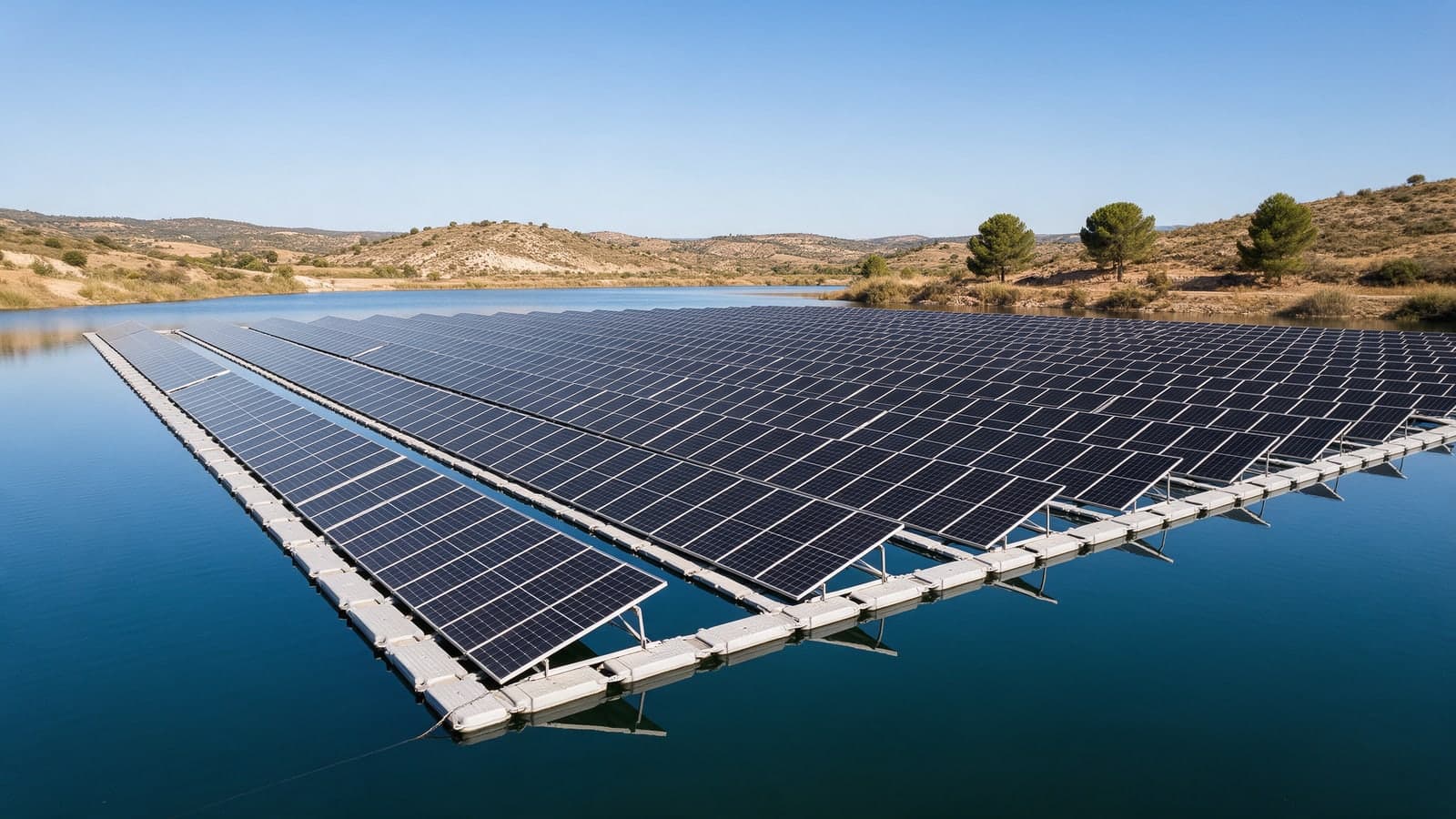 Planta solar fotovoltaica flotante sobre un embalse en España bajo el sol del mediodía