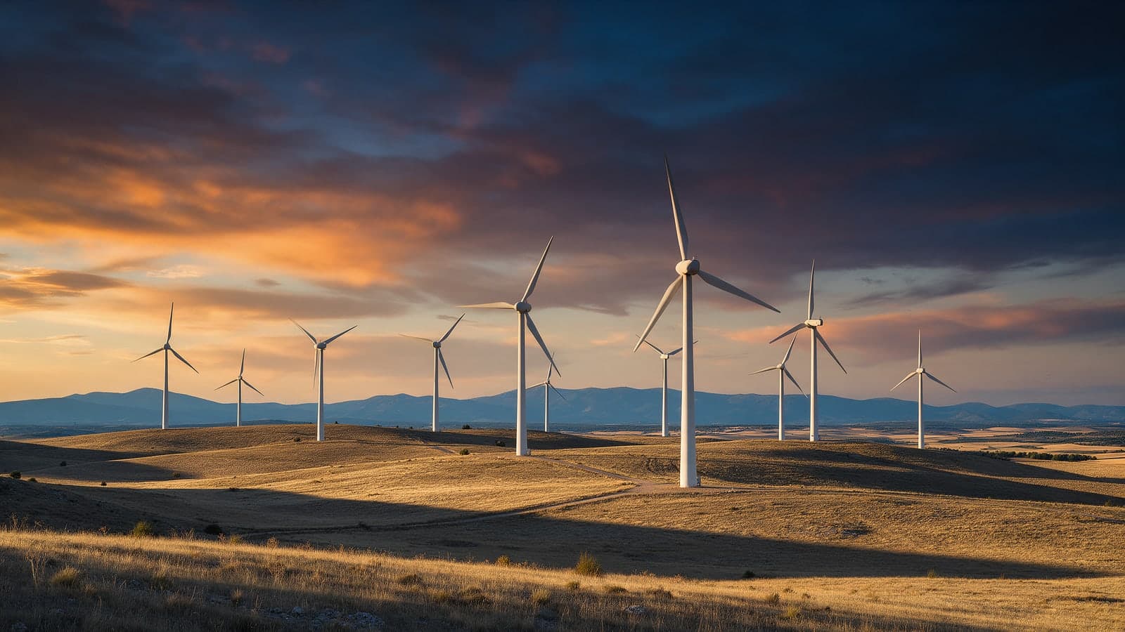 Parque de aerogeneradores blancos en una meseta castellana al atardecer, con el cielo teñido de naranja y azul
