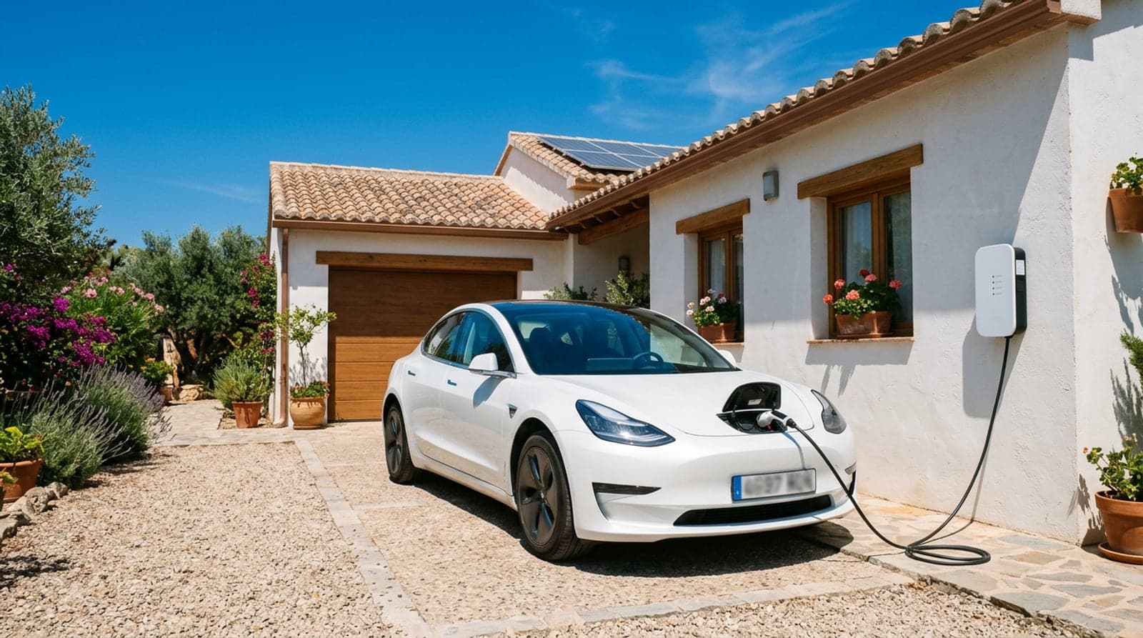 Coche eléctrico blanco cargando en un wallbox en la entrada de una casa mediterránea española a pleno mediodía soleado