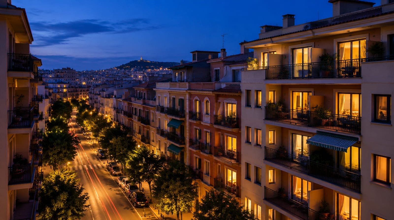 Calle de un barrio residencial español al anochecer, con las ventanas de los pisos encendidas a la hora punta de la cena y estelas de luz de los coches por la calzada.
