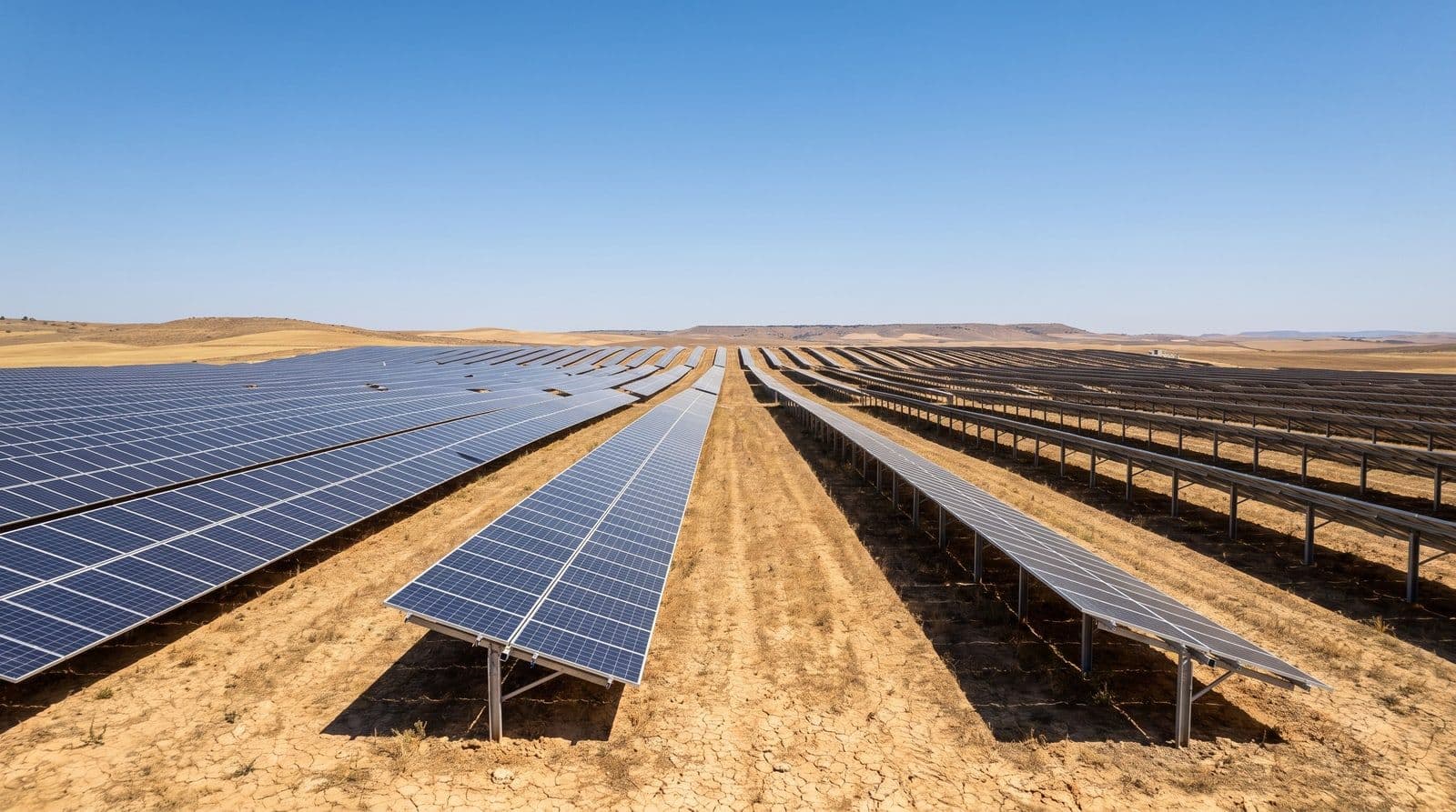 Parque fotovoltaico en el campo español a pleno mediodía, largas filas de paneles solares bajo un cielo azul intenso de verano.