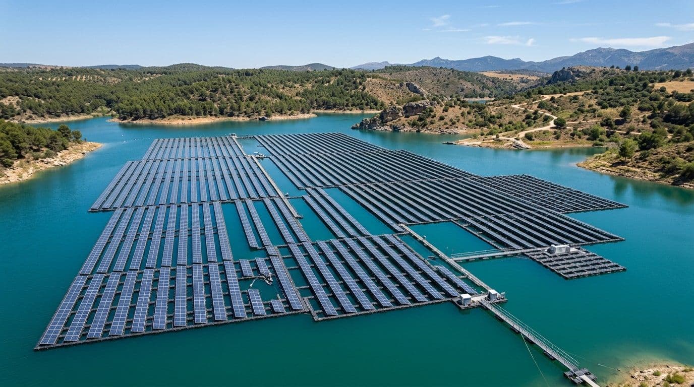 Planta solar fotovoltaica flotante sobre un embalse español a mediodía, largas filas de paneles azules sobre el agua turquesa bajo un cielo despejado de verano.