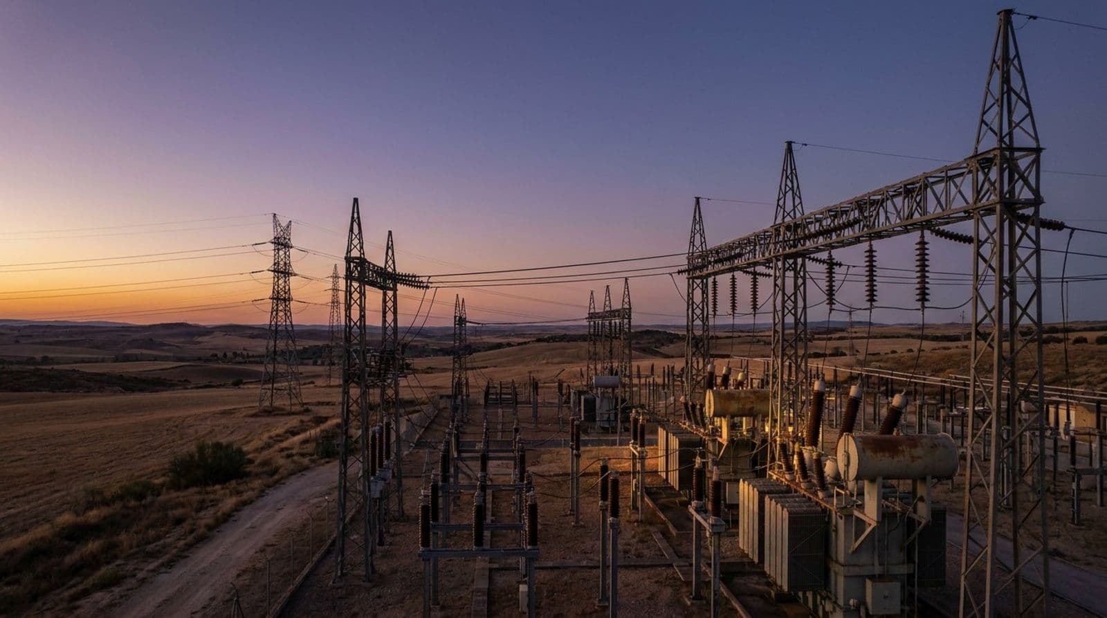 Subestación eléctrica de alta tensión en el campo del interior de España al atardecer, con torres de celosía y líneas de transporte recortadas sobre un cielo anaranjado y violeta.