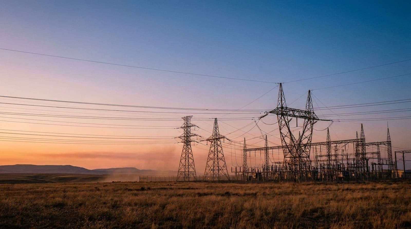 Subestación eléctrica con torres de alta tensión recortadas contra un cielo anaranjado al atardecer sobre la meseta castellana.