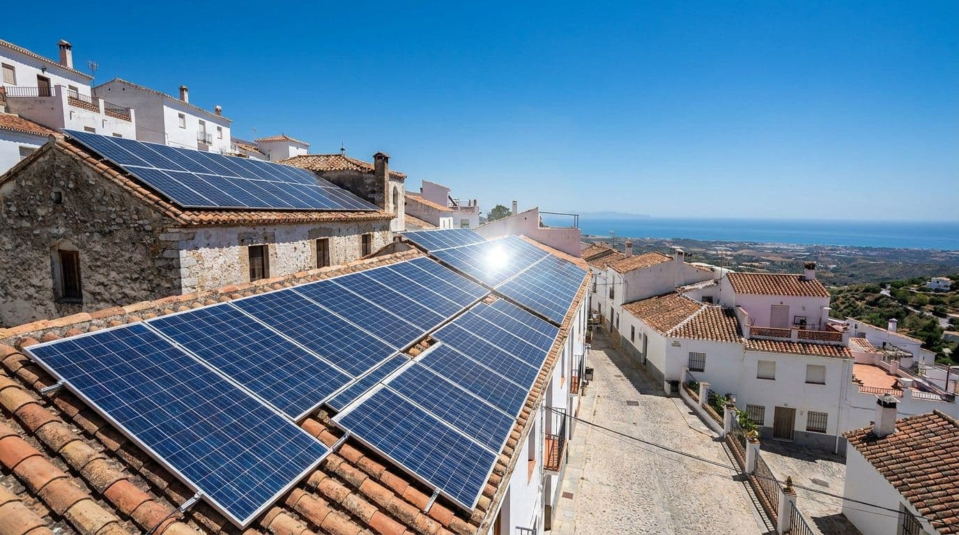 Placas solares sobre los tejados de terracota de un pueblo blanco mediterráneo bajo el sol fuerte del mediodía en España