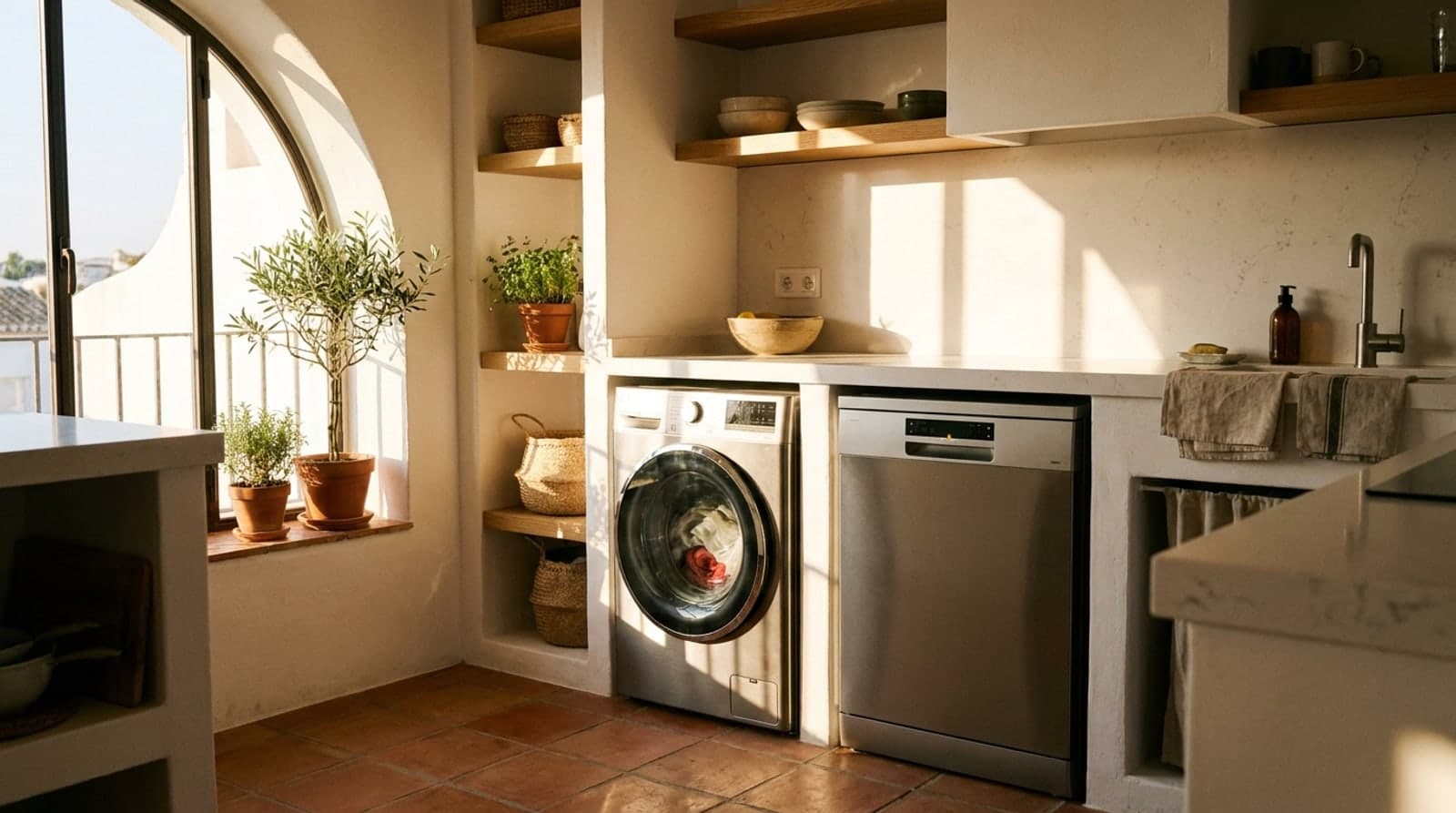 Lavadora y lavavajillas en marcha en una cocina mediterránea española a mediodía, con luz cálida de verano entrando por la ventana
