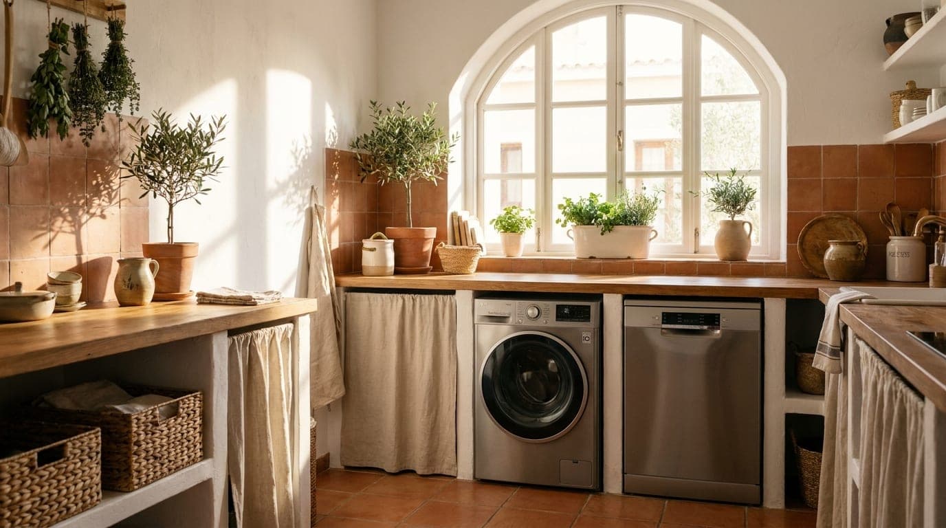 Cocina-lavadero de una vivienda mediterránea con lavadora y lavavajillas en marcha bajo la luz del sol del mediodía, con ventana en arco y azulejos de terracota.