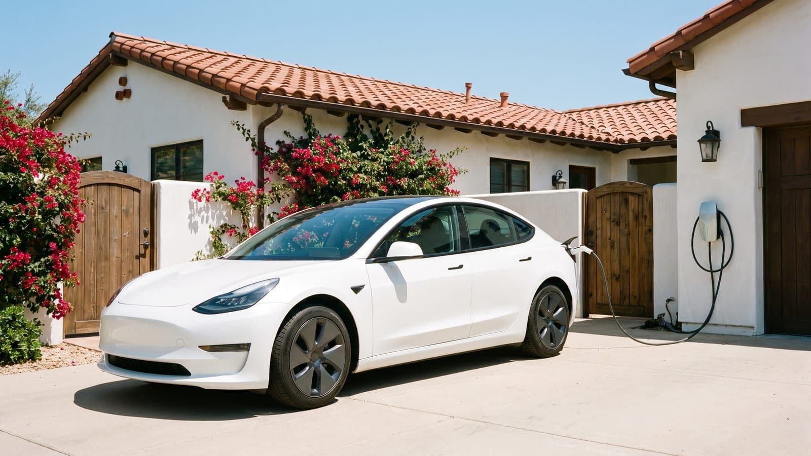 Coche eléctrico blanco enchufado a un cargador de pared en la entrada de una casa mediterránea española a mediodía, con cielo azul y pared encalada bajo el sol.