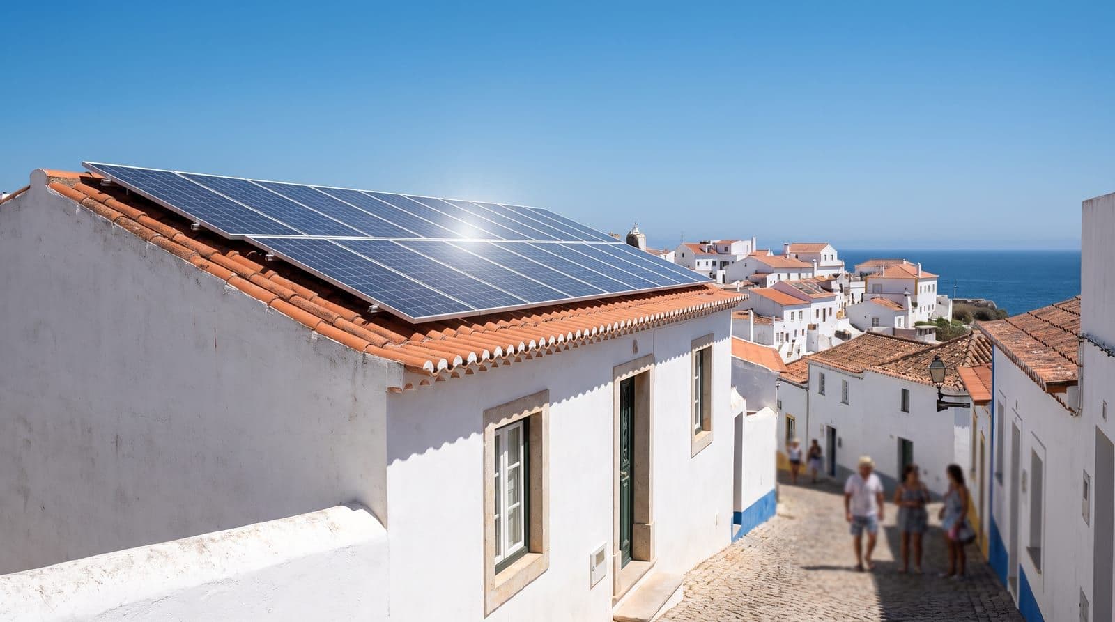 Placas solares fotovoltaicas sobre el tejado de tejas de una casa encalada mediterránea, bajo un sol intenso de mediodía y cielo azul, con un pueblo blanco al fondo.
