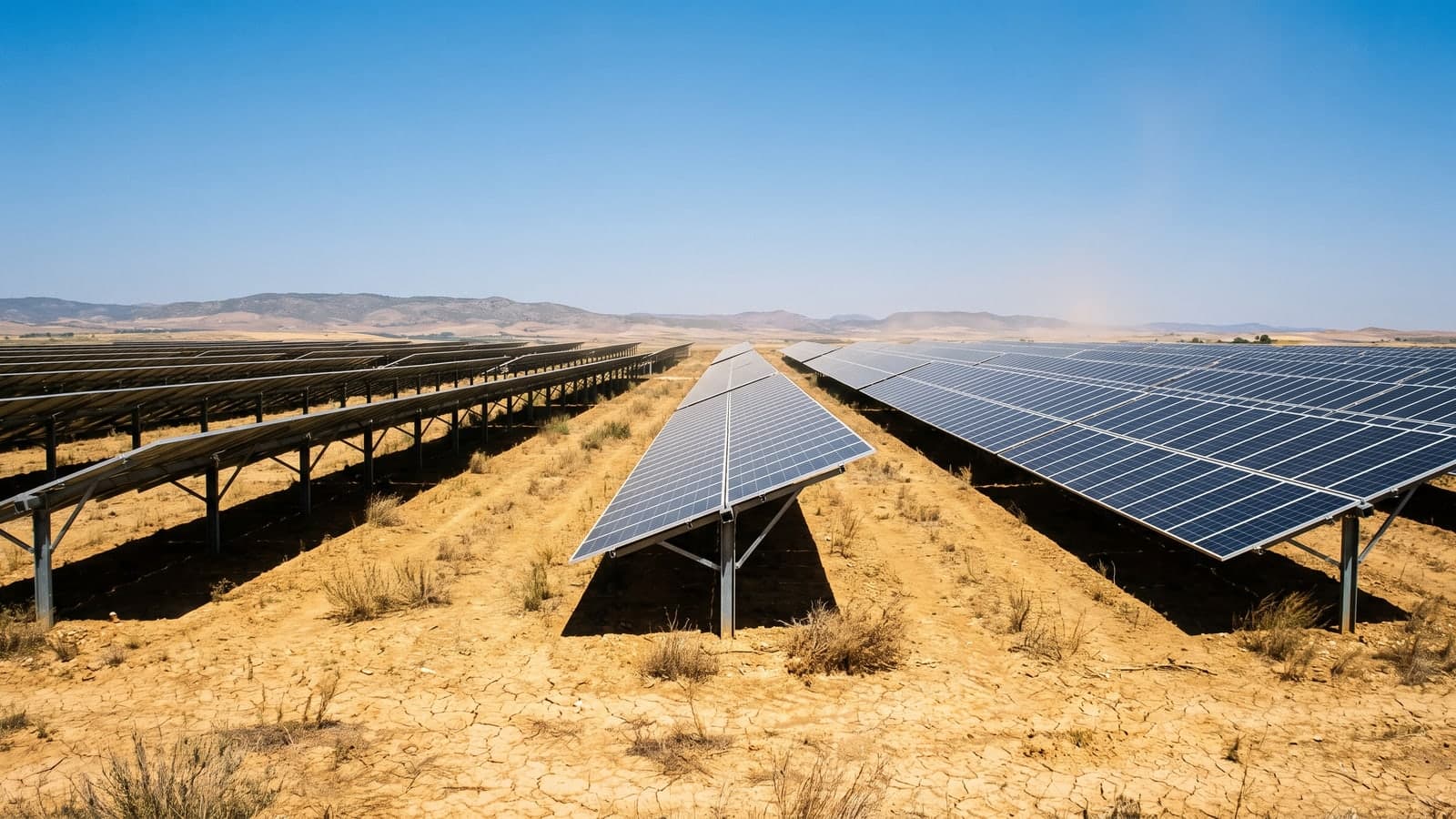 Parque solar fotovoltaico en suelo en una llanura seca de España, con largas filas de paneles azul oscuro hasta el horizonte bajo un sol intenso de mediodía y cielo despejado.