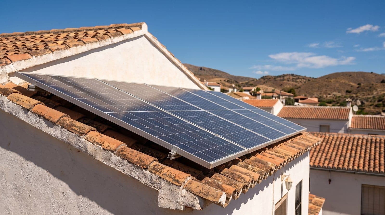 Placas solares fotovoltaicas azuladas instaladas sobre el tejado de teja árabe de una casa mediterránea encalada a mediodía, con cielo azul intenso y los tejados de un pueblo andaluz al fondo.