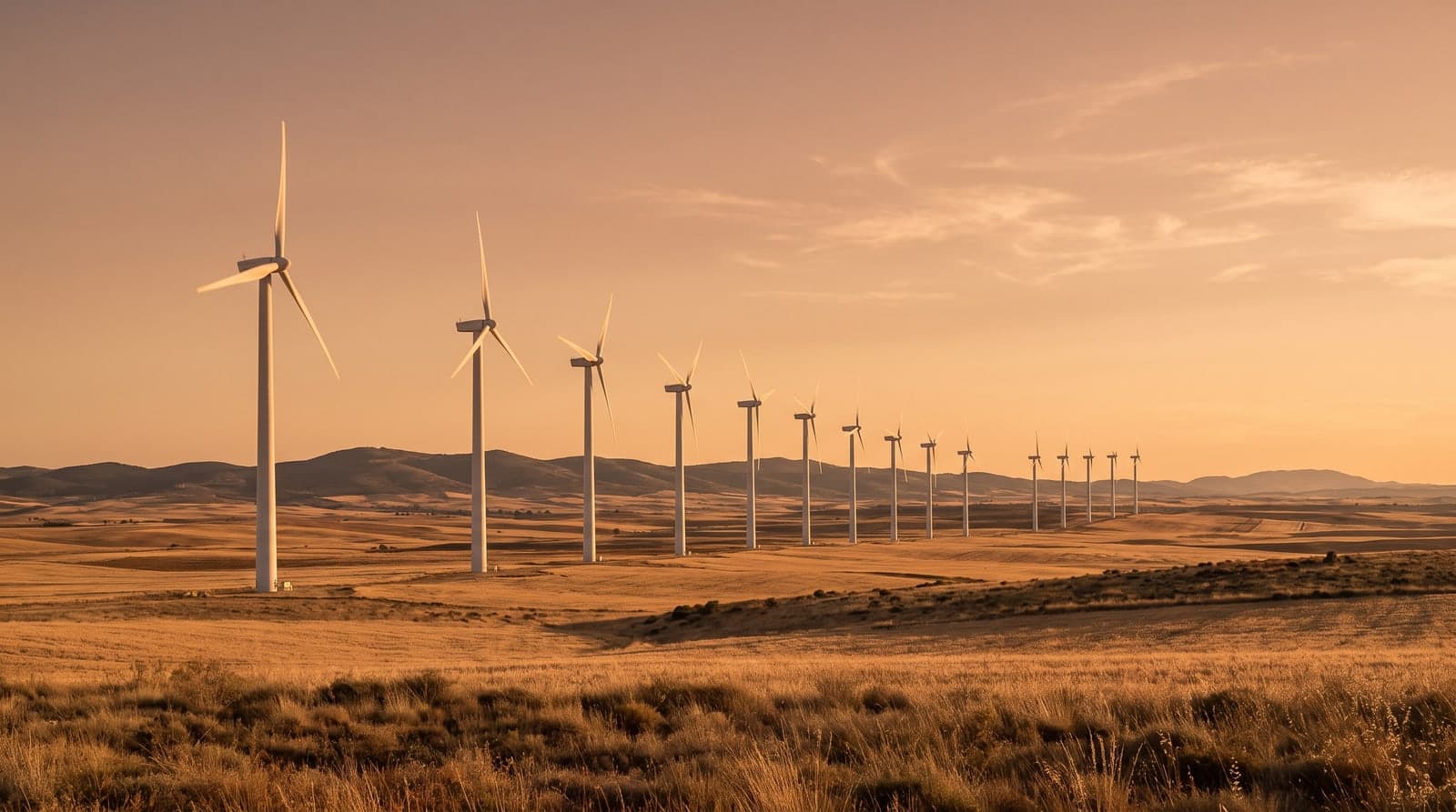 Hilera de aerogeneradores blancos sobre una meseta castellana de pastos dorados al atardecer, con el sol bajo proyectando sombras largas y un cielo ámbar despejado.