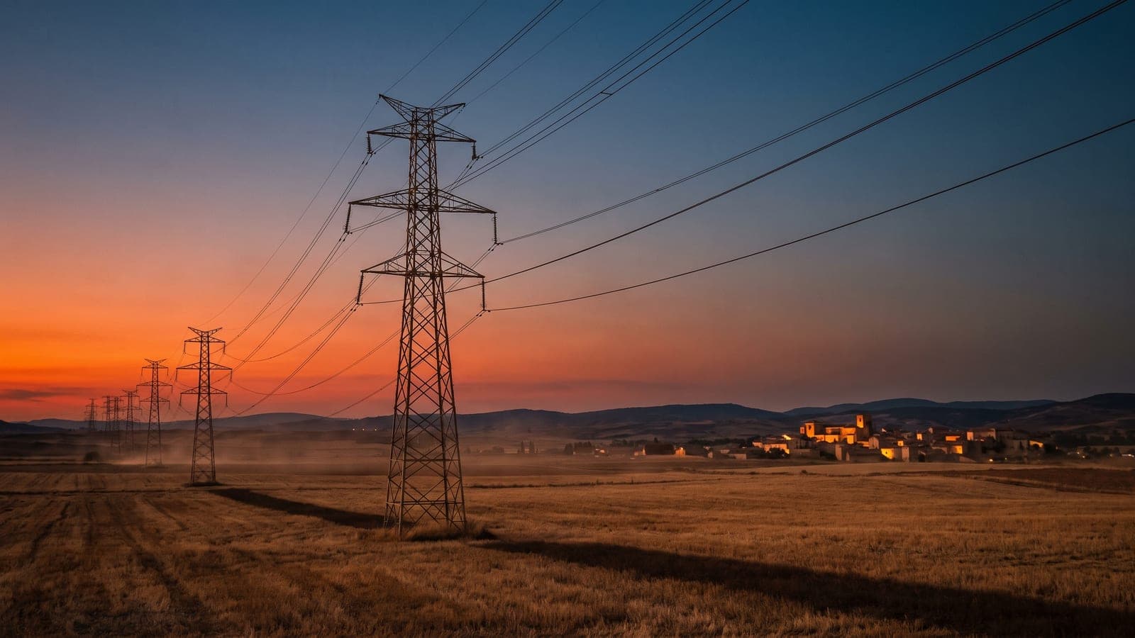 Torres de alta tensión cruzando una llanura castellana al atardecer, con el cielo naranja y un pueblo iluminado al fondo.