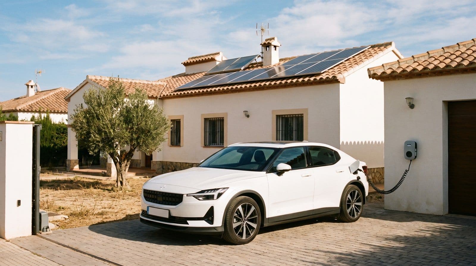 Coche eléctrico blanco cargando en la entrada de una casa mediterránea española con placas solares en el tejado, bajo un sol de mediodía.