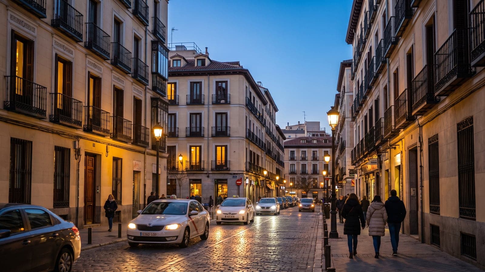Calle de una ciudad española al anochecer, con las ventanas de los pisos iluminadas, las farolas encendidas y los faros de los coches, en la hora en que la luz se pone más cara.