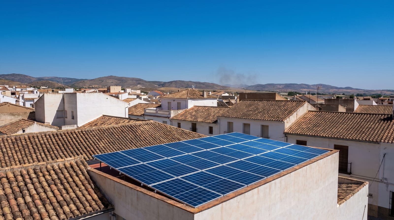 Azotea de una vivienda en un pueblo del interior de España cubierta de placas solares, entre tejados de teja árabe, bajo un cielo azul intenso y el sol fuerte del mediodía, con cerros áridos al fondo.