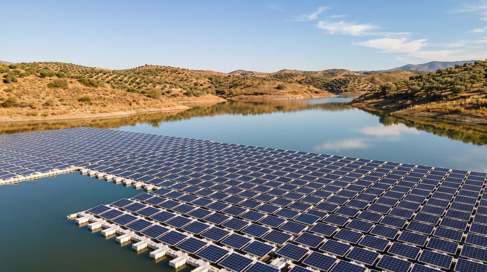 Vista aérea de una gran planta solar fotovoltaica flotante sobre un embalse del interior de España, con hileras de placas azuladas apoyadas en pontones blancos y cerros áridos al fondo bajo el sol del mediodía.
