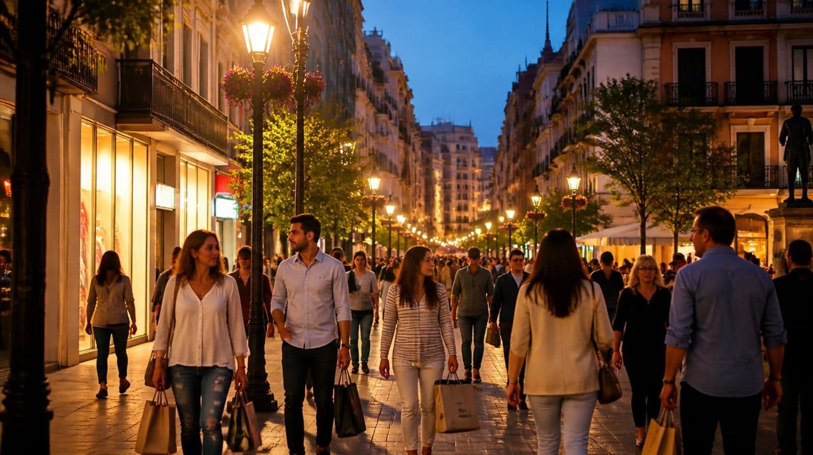 Calle comercial peatonal de una ciudad española al anochecer, con los escaparates y las farolas recién encendidos y gente volviendo a casa, evocando la hora punta de consumo eléctrico de la cena.