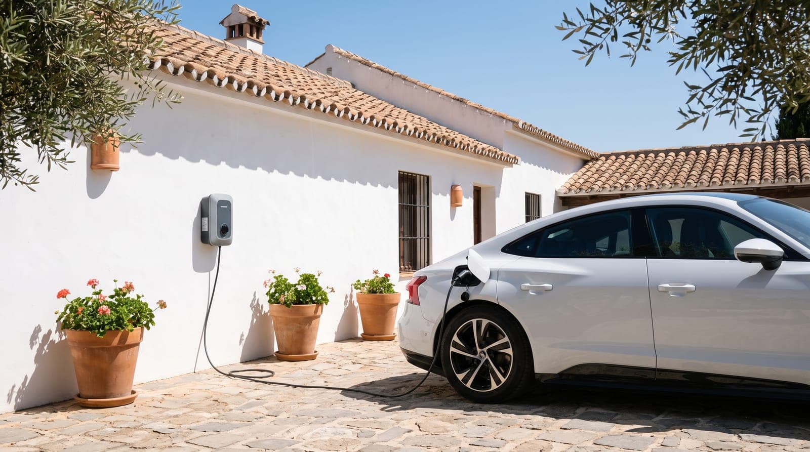 Coche eléctrico blanco cargando en un wallbox junto a una casa mediterránea española a pleno sol del mediodía.