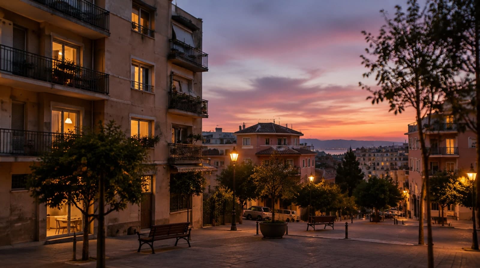 Calle de un barrio residencial español al anochecer, con las ventanas de los pisos empezando a iluminarse y las farolas encendidas, la hora de más consumo eléctrico.