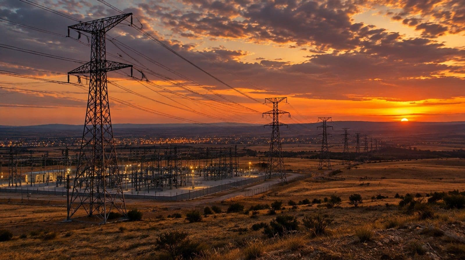 Torres de alta tensión y una subestación eléctrica en la meseta al atardecer, con las luces de un pueblo empezando a encenderse