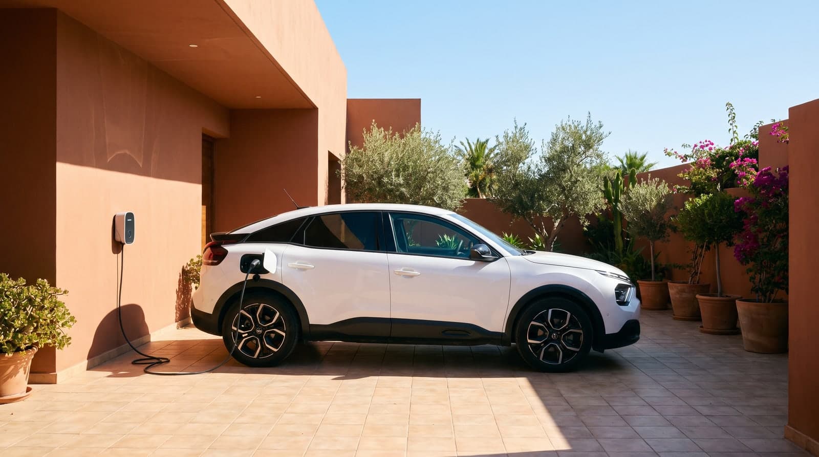 Coche eléctrico blanco cargando enchufado a un cargador de pared en el patio de una casa mediterránea española, bajo el sol del mediodía, con olivos y plantas en macetas de barro