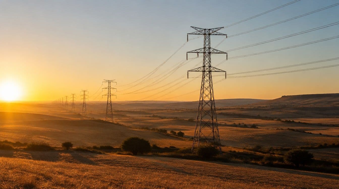 Torres de alta tensión y líneas eléctricas cruzando la meseta castellana al amanecer, con luz dorada