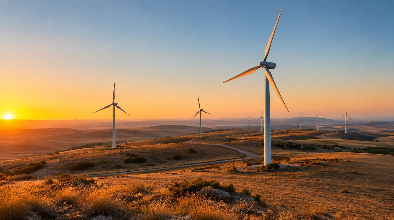 Aerogeneradores blancos sobre una meseta castellana al amanecer, con luz dorada rasante sobre el pasto seco