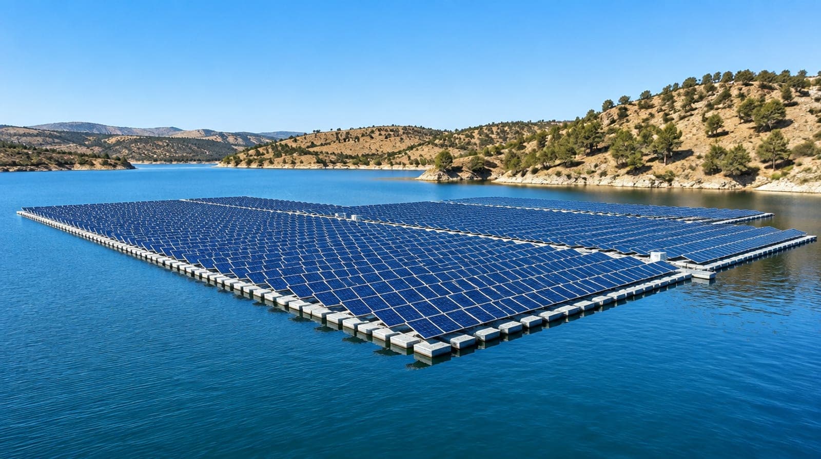 Huerto solar fotovoltaico flotante sobre un embalse en el interior de España a pleno sol de mediodía