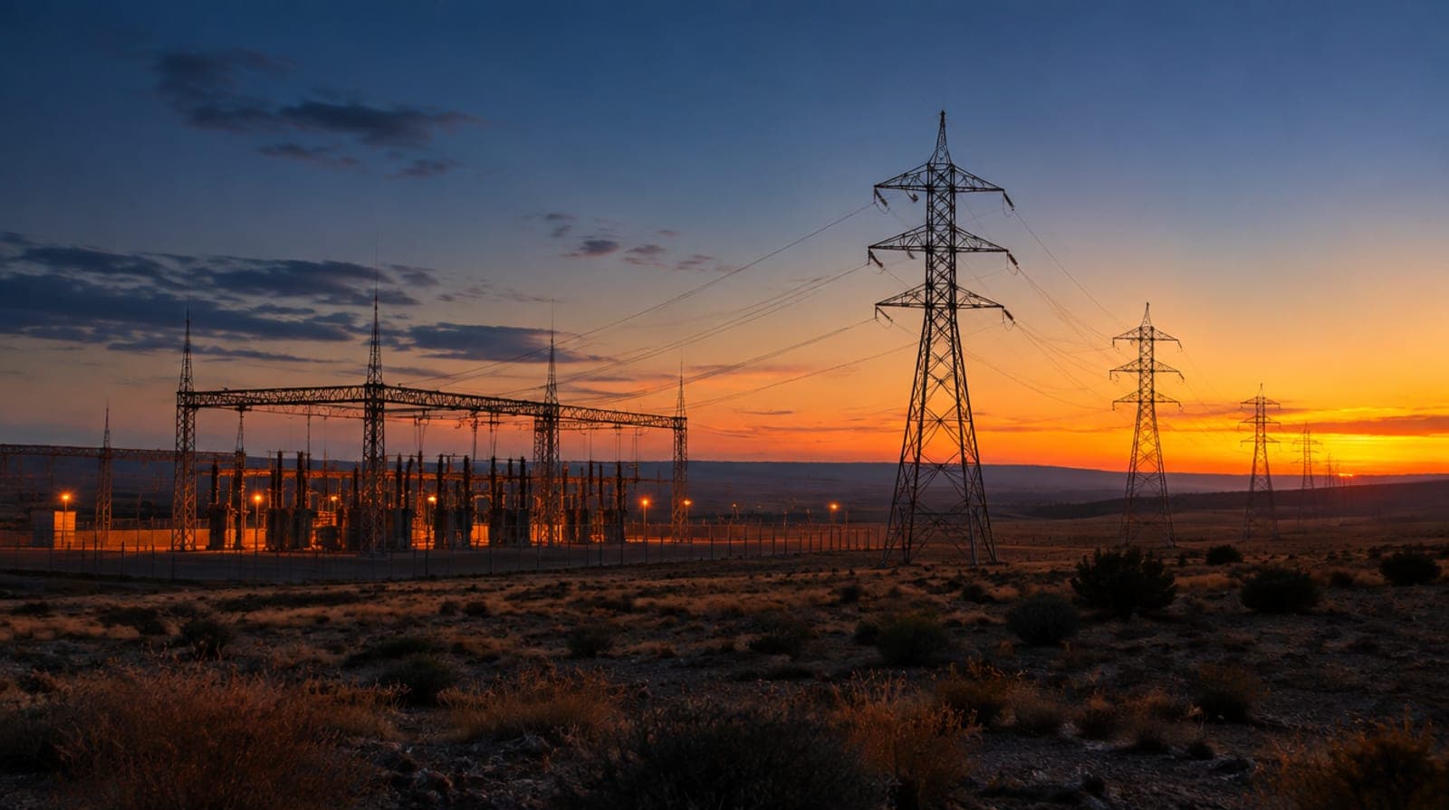 Subestación eléctrica y torres de alta tensión en el campo español al anochecer, con el cielo naranja apagándose sobre la meseta