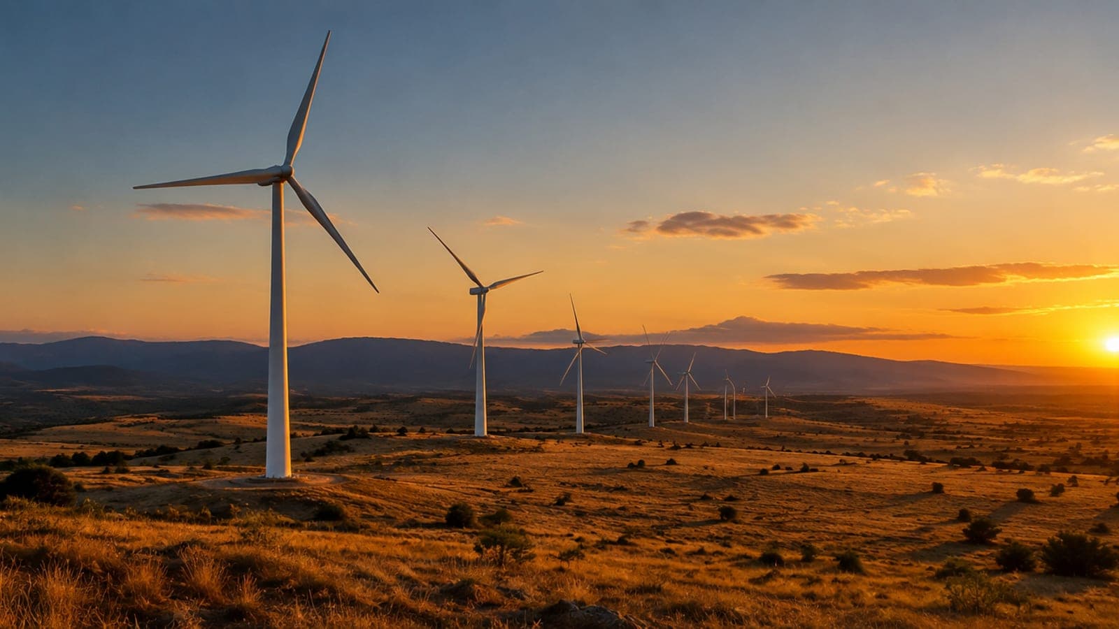 Aerogeneradores blancos alineados en una meseta castellana al atardecer, con luz cálida y sombras largas sobre el pasto seco.