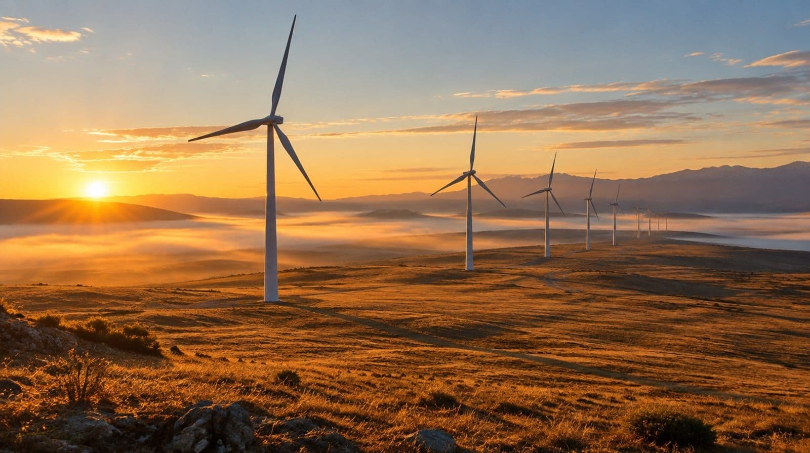 Aerogeneradores blancos alineados en una meseta castellana al amanecer, con sol bajo y niebla matinal sobre la hierba seca.