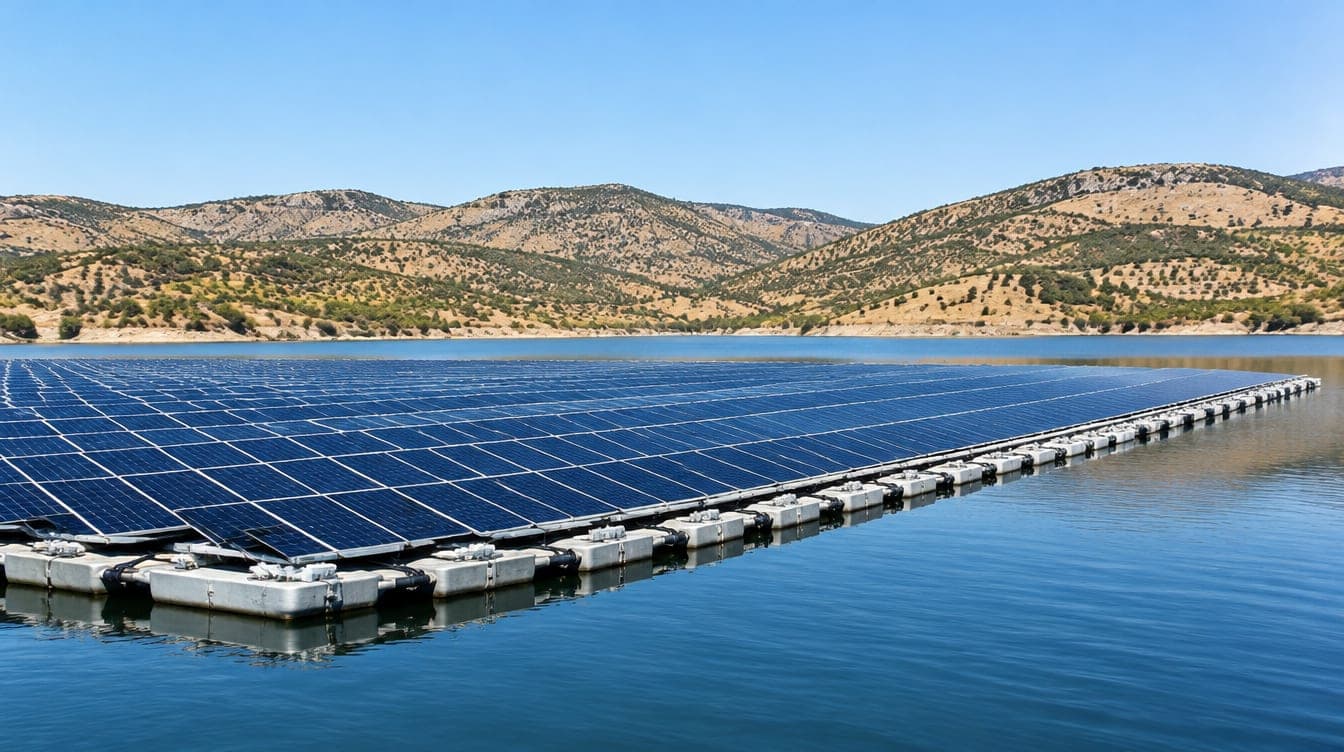 Planta solar fotovoltaica flotante sobre un embalse en el interior de España, con placas azules a mediodía