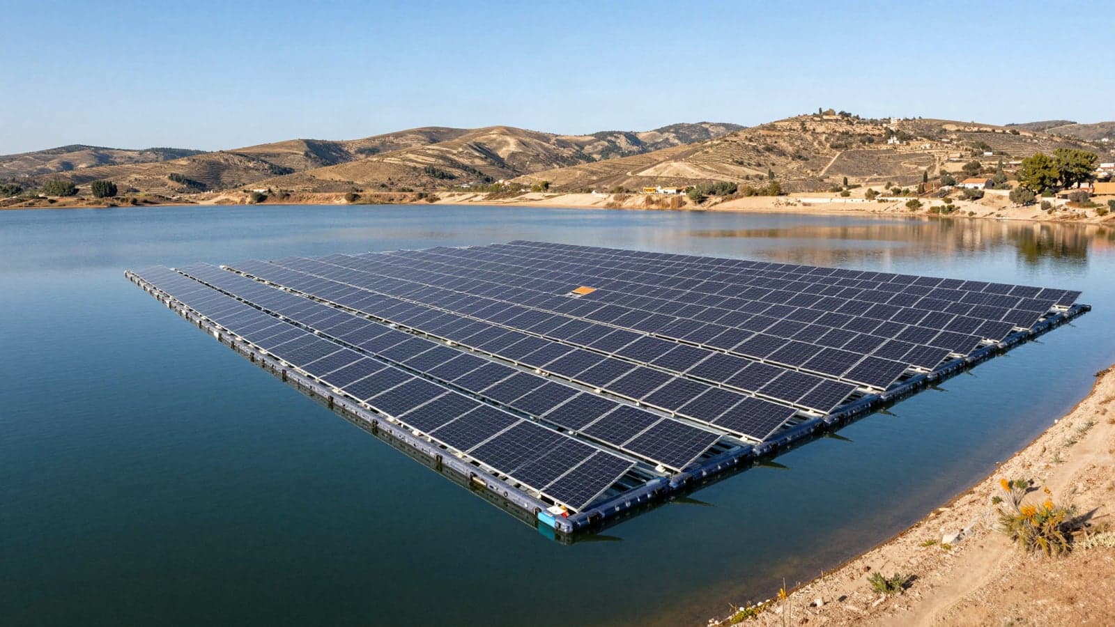 Placas solares flotantes sobre un embalse en España a mediodía, con cielo despejado de otoño.