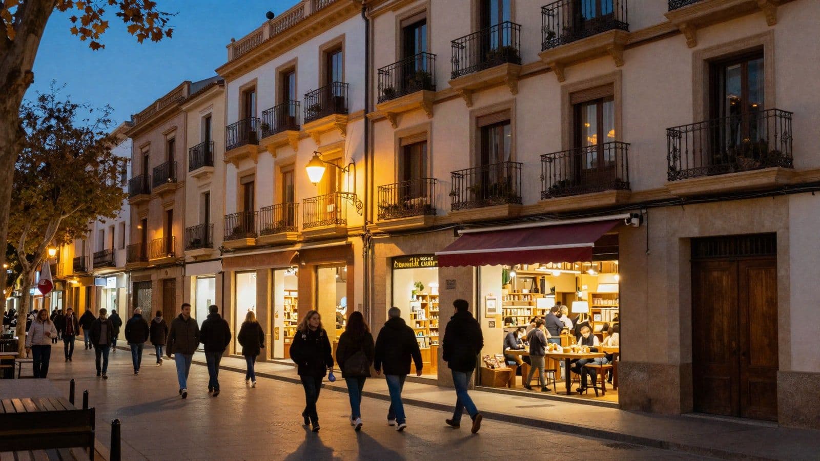 Calle comercial española al anochecer con escaparates y farolas encendidas y gente paseando en la hora punta de la tarde