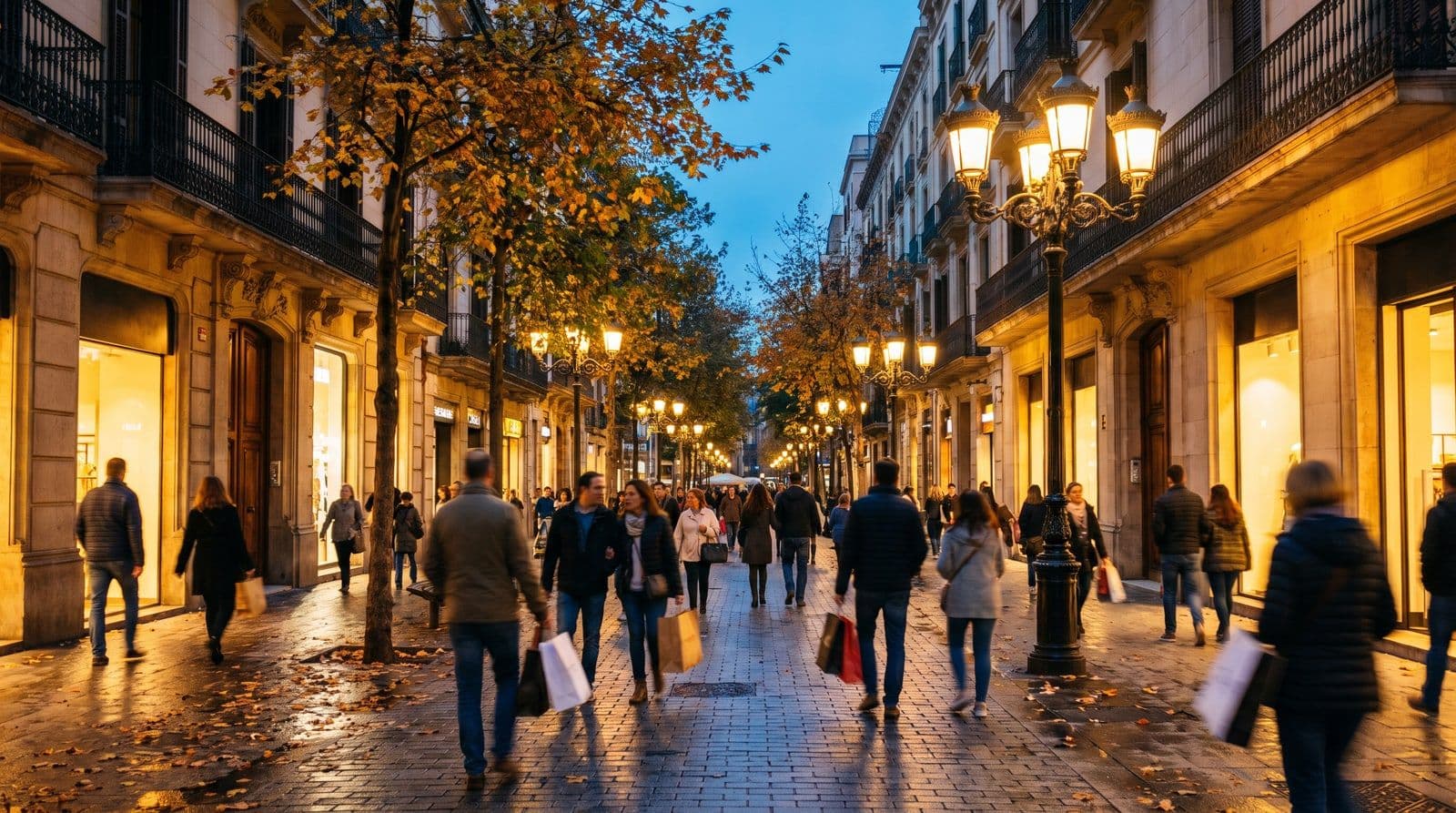 Calle comercial española al anochecer, con escaparates iluminados y farolas encendidas en plena hora punta