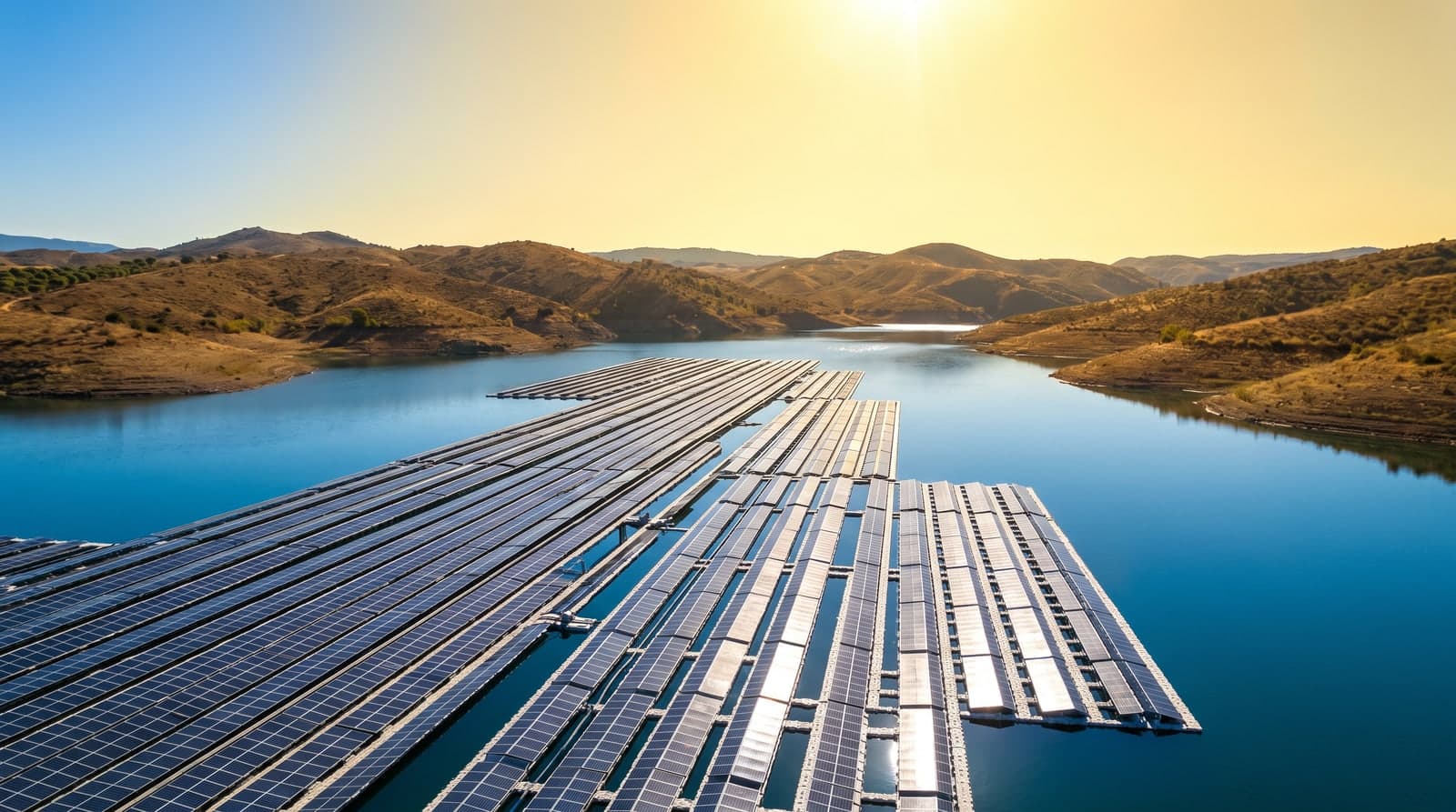 Planta solar fotovoltaica flotante sobre un embalse en España bajo el sol del mediodía