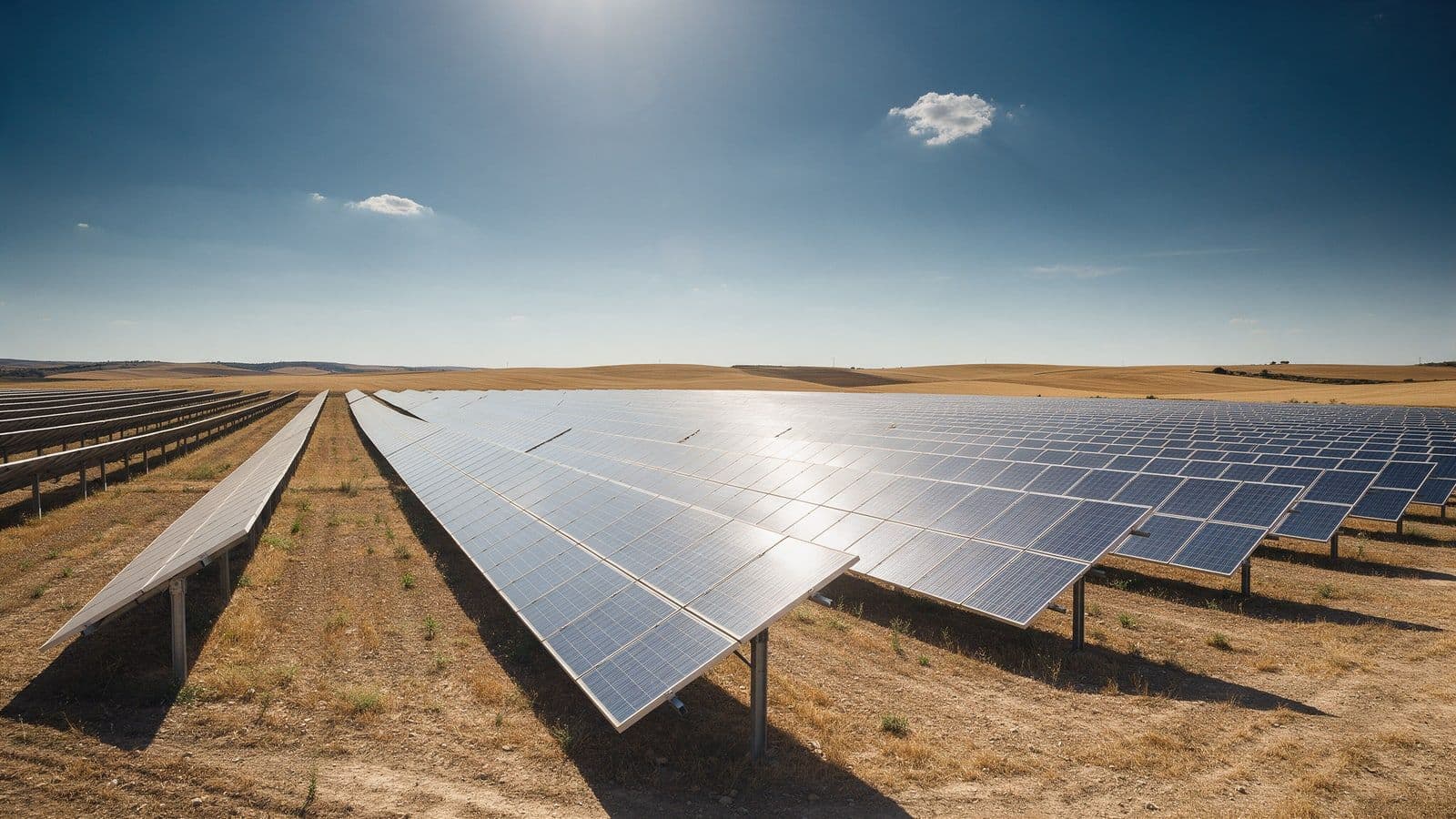 Parque fotovoltaico en el campo español bajo un sol de mediodía, con largas filas de placas solares hasta el horizonte