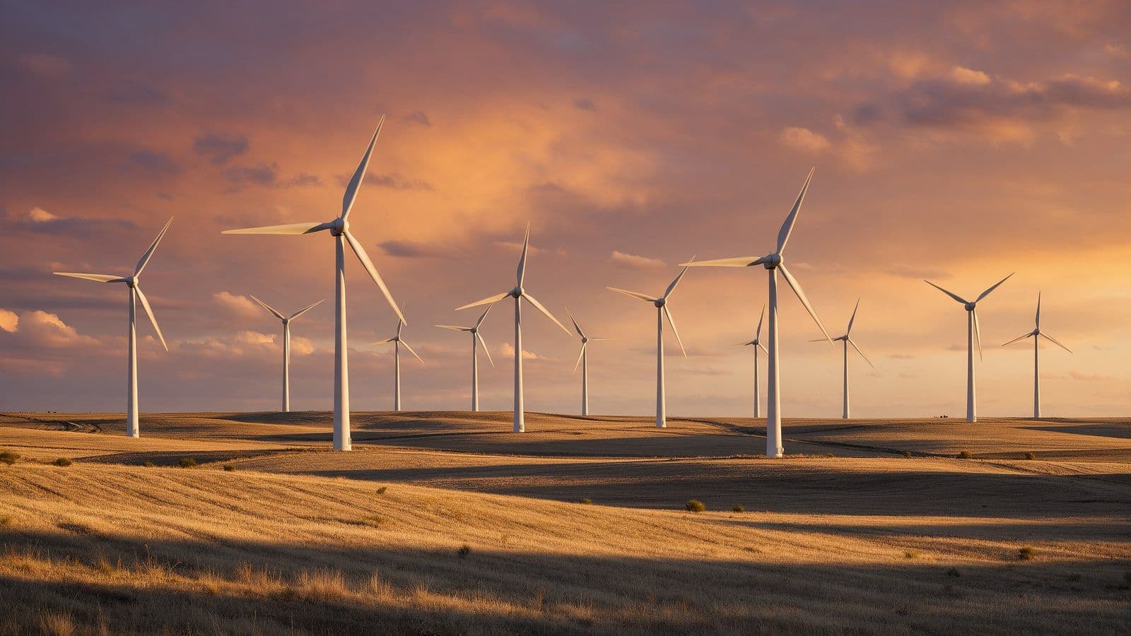 Aerogeneradores blancos en una meseta castellana al atardecer, con el cielo anaranjado, en España