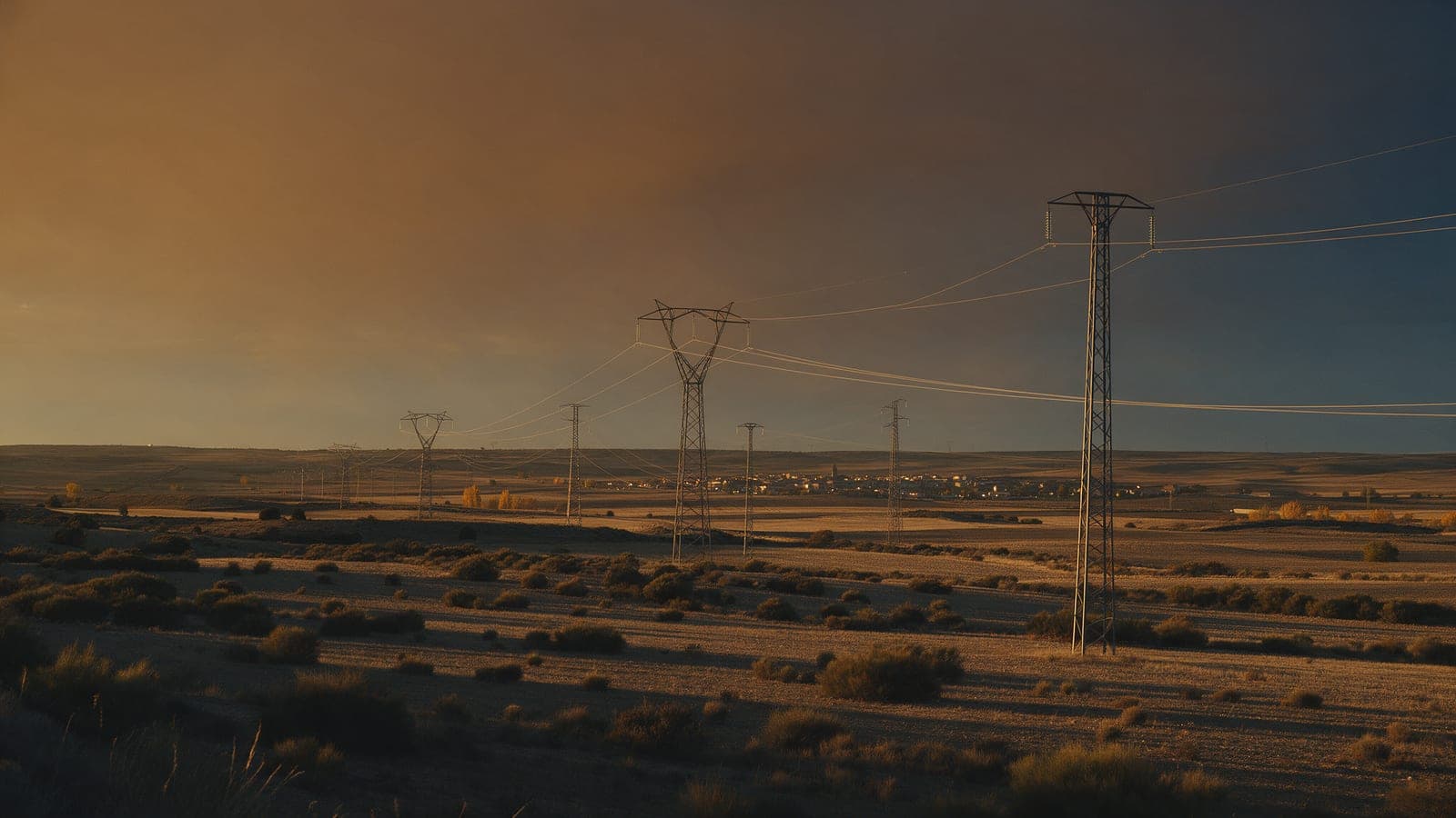 Torres de alta tensión y líneas eléctricas cruzando la meseta castellana al atardecer, con el cielo anaranjado y las primeras luces de un pueblo al fondo