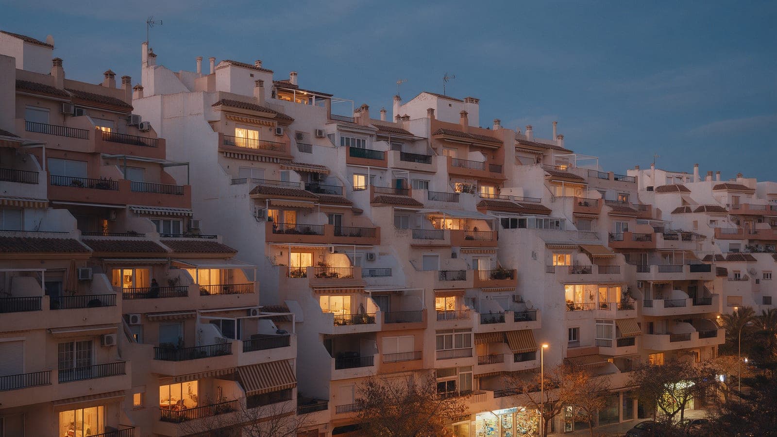 Barrio residencial español al anochecer de invierno con las ventanas de los pisos iluminadas a la hora de la cena.