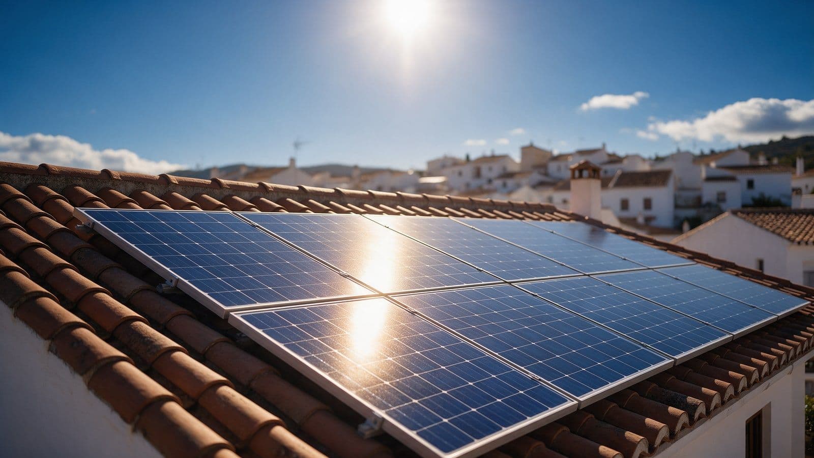 Placas solares fotovoltaicas sobre el tejado de tejas de una casa de un pueblo blanco español bajo el sol intenso del mediodía