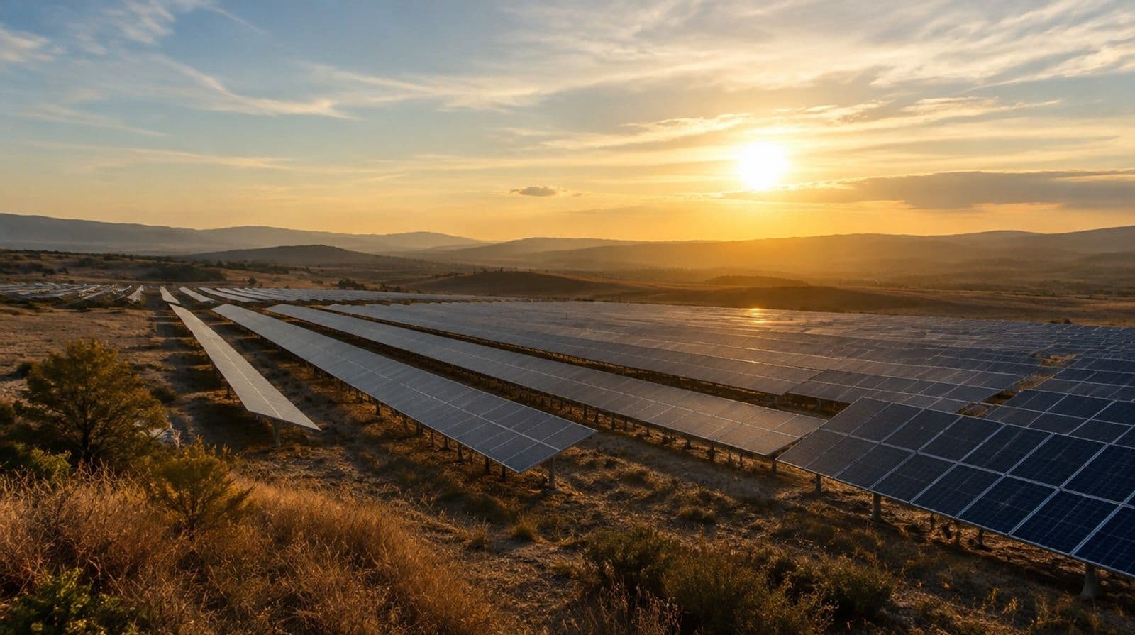 Parque solar fotovoltaico en el campo español bajo el sol bajo de una tarde de octubre.