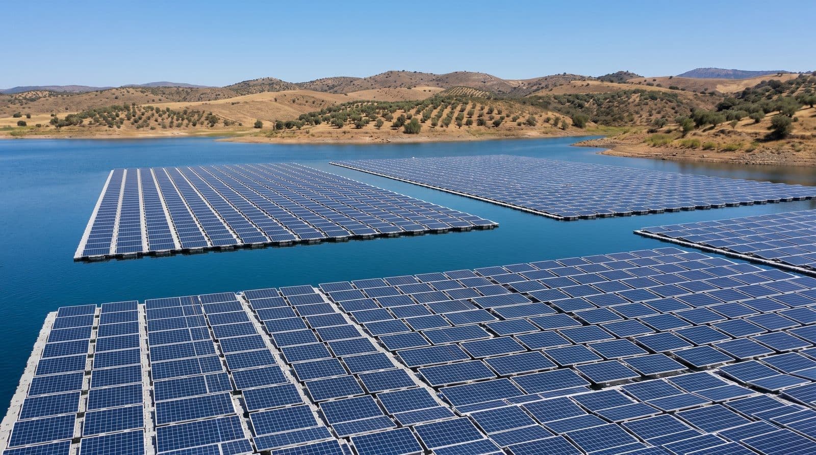 Huerto solar fotovoltaico flotante sobre un embalse en España a pleno mediodía, con placas azules reflejadas en el agua.