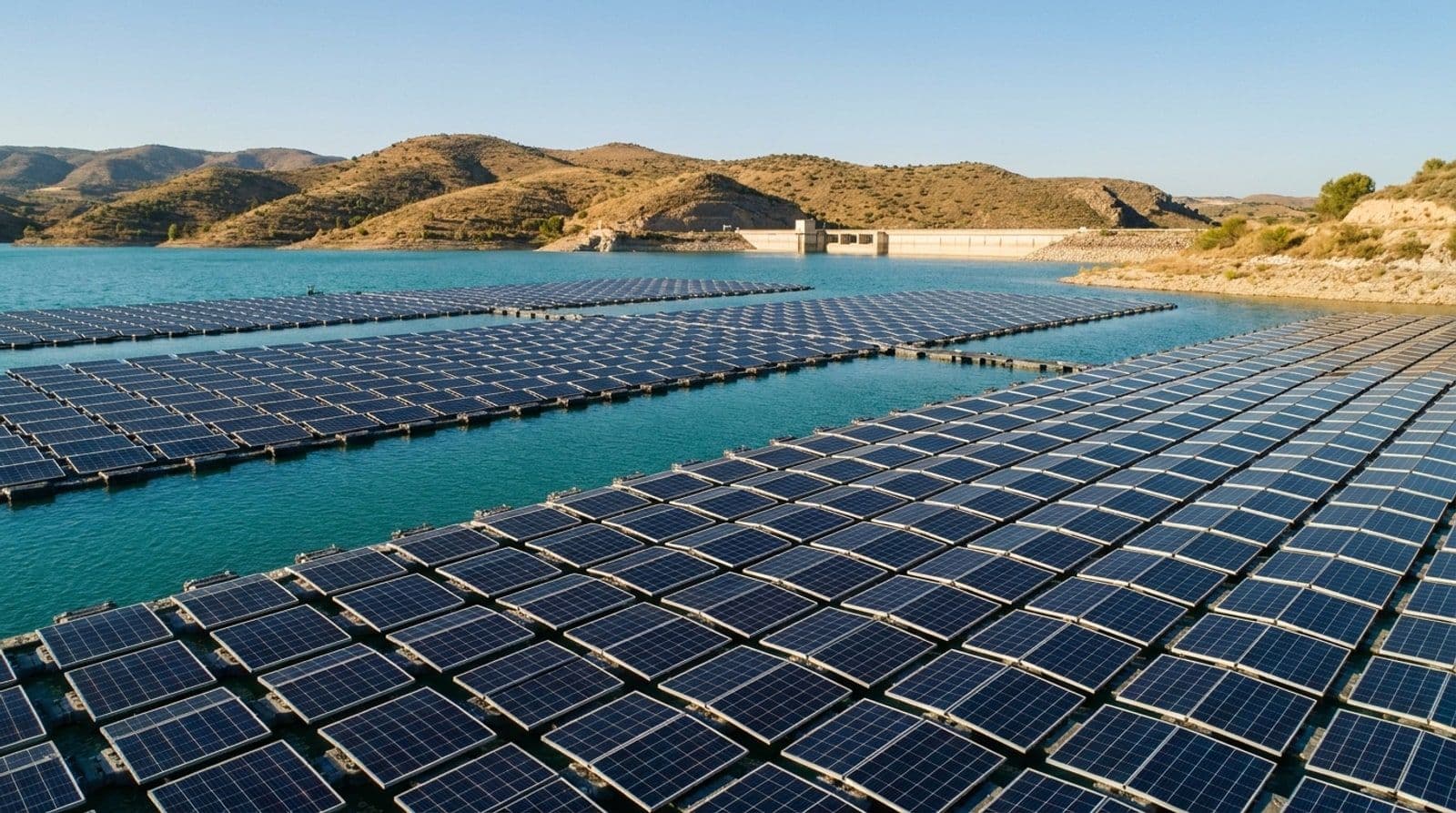 Vista aérea de una planta solar fotovoltaica flotante sobre un embalse azul en el interior de España a mediodía