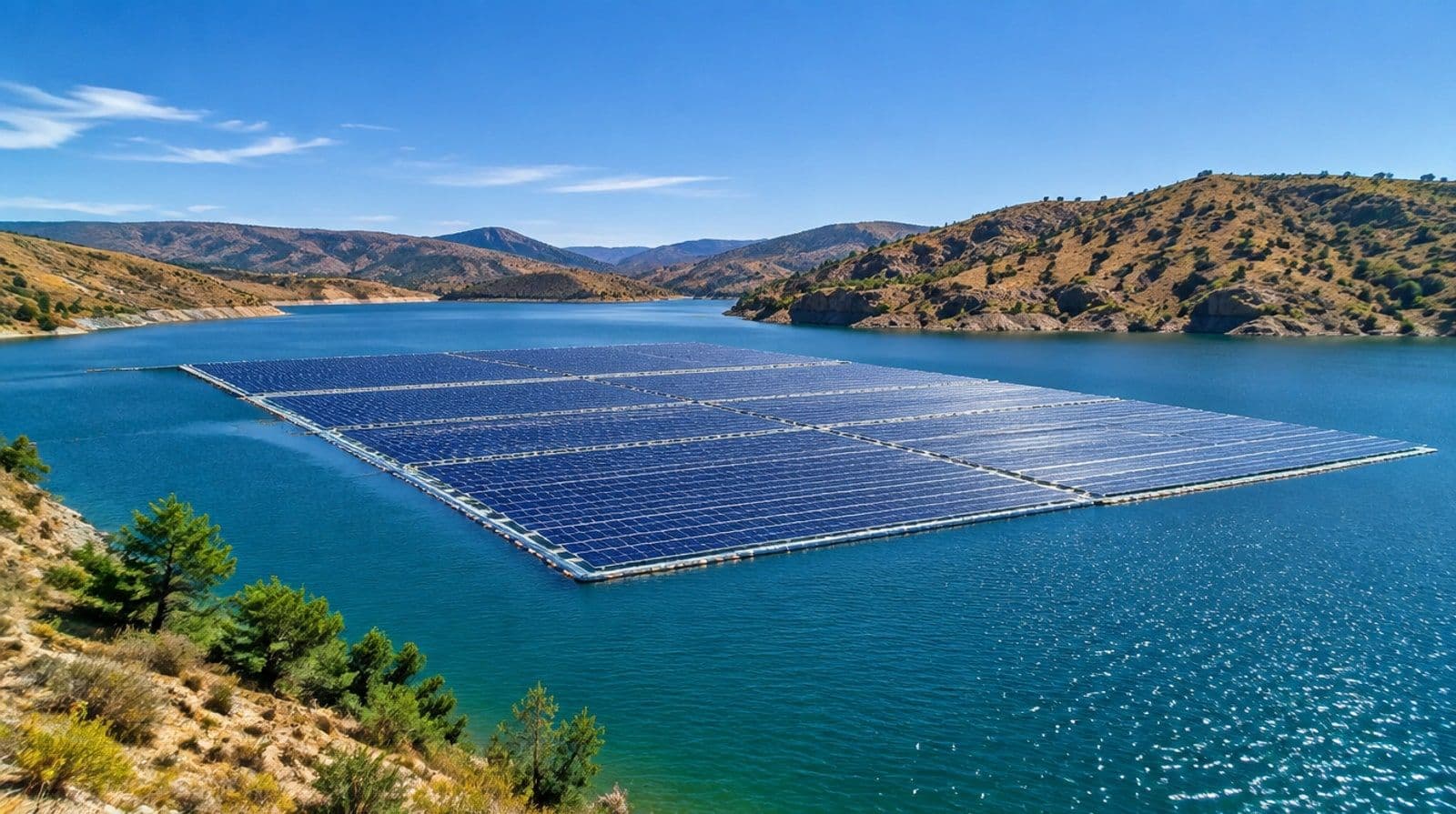 Planta solar fotovoltaica flotante sobre un embalse español bajo el sol del mediodía, con las colinas secas alrededor