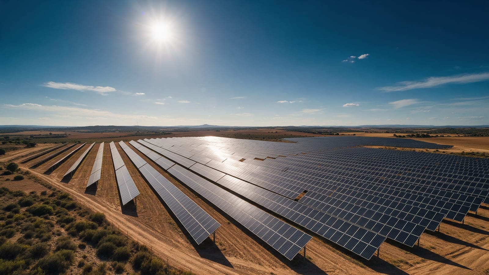 Vista aérea de un gran parque solar fotovoltaico en el campo español bajo un sol intenso de mediodía, con largas filas de placas captando la luz.
