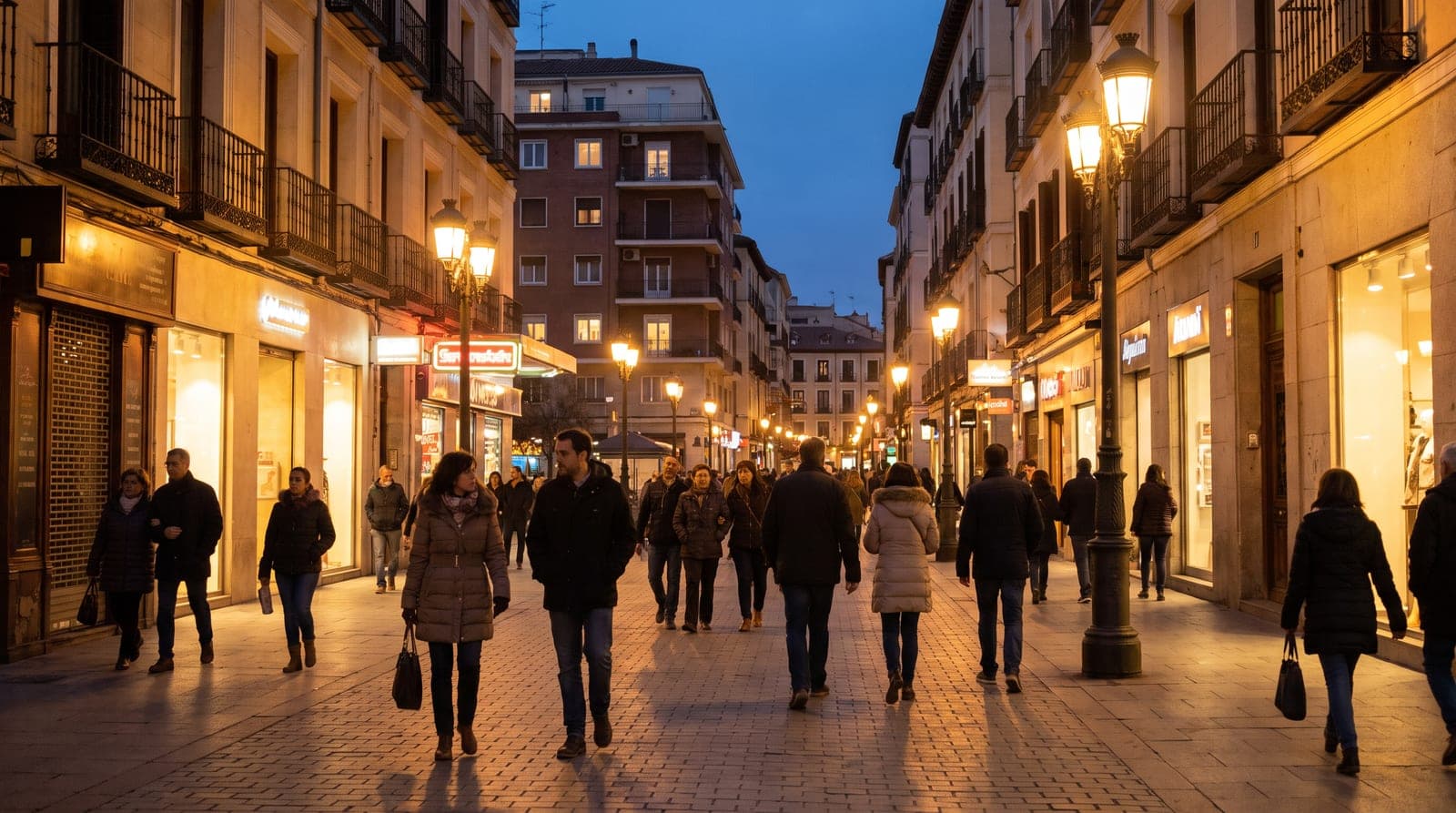 Calle comercial de una ciudad española al anochecer, con los escaparates y las farolas recién encendidos y ventanas iluminadas en los edificios, en la hora punta de consumo eléctrico de la tarde.