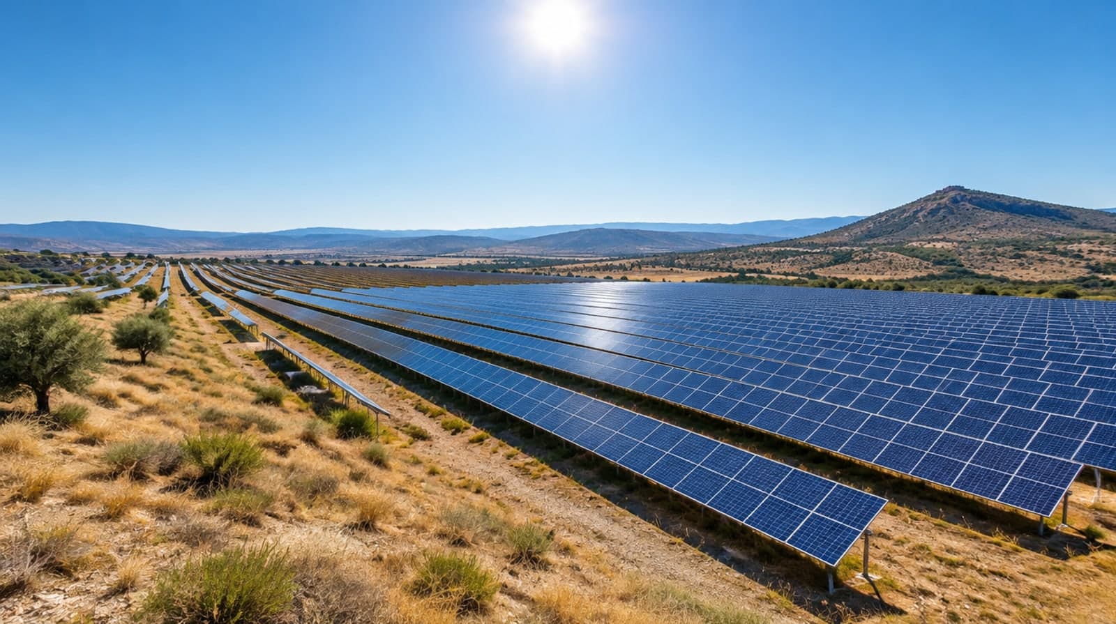 Parque solar fotovoltaico en el campo español bajo un sol de mediodía, con largas filas de placas azules