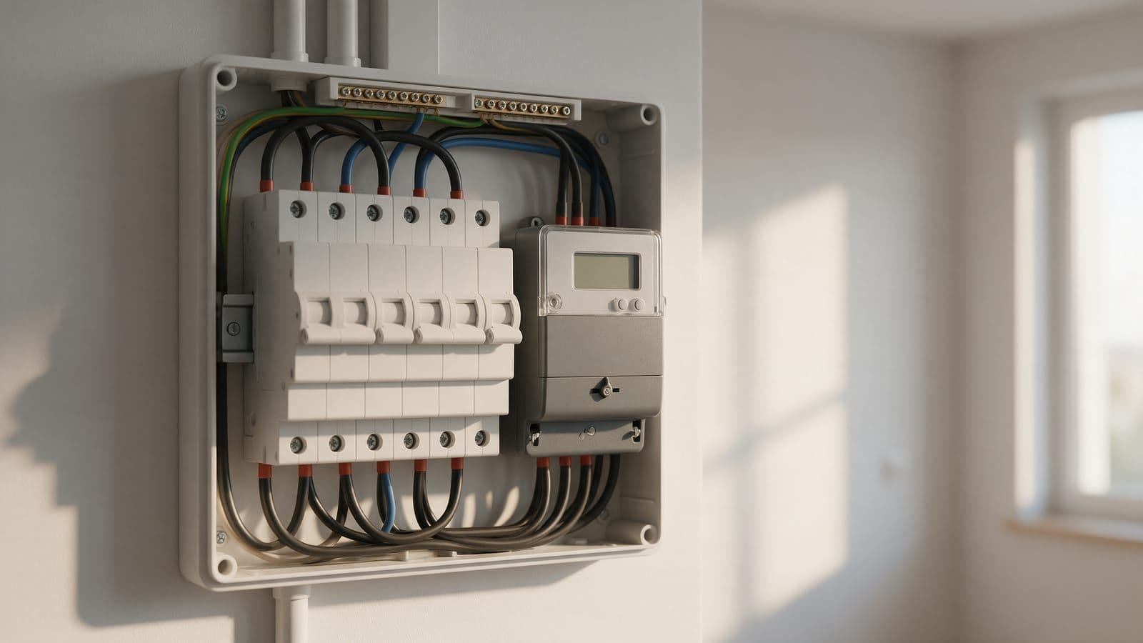 Cuadro eléctrico doméstico con interruptores automáticos y un contador inteligente en la pared de una vivienda.